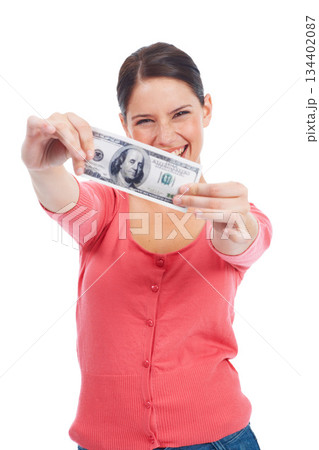 Finance, money and excited with portrait of woman for investment, success and growth. Cash, dollar and winner with face of girl customer isolated on white background for financial, deal and promotion 134402087
