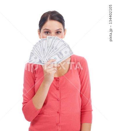 Cash, deal and finance with portrait of woman for investment, success and growth. Money, dollar and wow with girl customer hiding isolated on white background for financial, winner and promotion Cash, deal and finance with portrait of woman for investment, success and growth. Money, dollar and wow with girl customer hiding isolated on white background for financial, winner and promotion 134402105