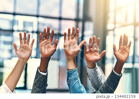 People, diversity and palm group hands in a office meeting with community and at work. Collaboration, teamwork and solidarity of staff with arms and hand raised in a workplace with company team 134402159