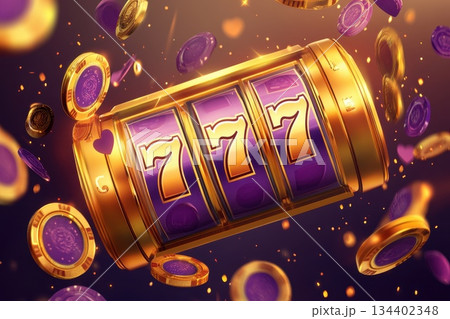 Golden Slot Machine with 777 Jackpot Symbols Surrounded by Flying Casino Chips and Coins Golden Slot Machine with 777 Jackpot Symbols Surrounded by Flying Casino Chips and Coins 134402348