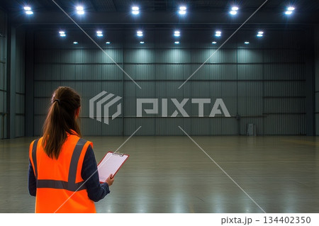 Technician in High Visibility Vest Inspects Empty Warehouse Space Technician in High Visibility Vest Inspects Empty Warehouse Space 134402350