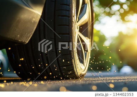 A car tire is covered in dust and debris 134402353