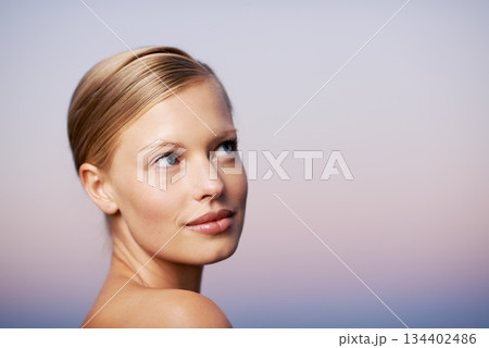 Woman with think face, beauty and natural skincare or cosmetics, healthy skin mockup with wellness. Female model, dermatology and care, facial spa treatment with hygiene or grooming on sky background Woman with think face, beauty and natural skincare or cosmetics, healthy skin mockup with wellness. Female model, dermatology and care, facial spa treatment with hygiene or grooming on sky background 134402486