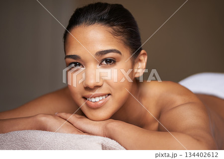 Happy girl, beauty portrait or massage to relax for zen resting or wellness physical therapy in luxury spa resort. Face of woman smiling in salon for body healing treatment or natural holistic detox Happy girl, beauty portrait or massage to relax for zen resting or wellness physical therapy in luxury spa resort. Face of woman smiling in salon for body healing treatment or natural holistic detox 134402612