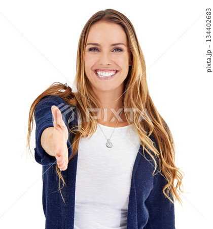 Handshake, offer and portrait of woman isolated on a white background for welcome, agreement or introduction. Happy person shaking hands in client pov for greeting, congratulations or deal in studio Handshake, offer and portrait of woman isolated on a white background for welcome, agreement or introduction. Happy person shaking hands in client pov for greeting, congratulations or deal in studio 134402683