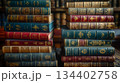 Old leather-bound books stacked elegantly in a warm, inviting library setting. Generative AI 134402758