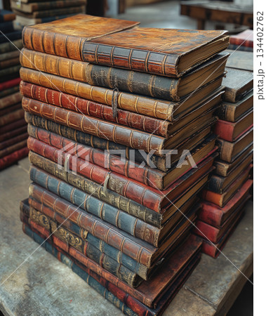 Stacked vintage leather-bound books resting on an antique wooden table in a cozy library setting. Generative AI 134402762