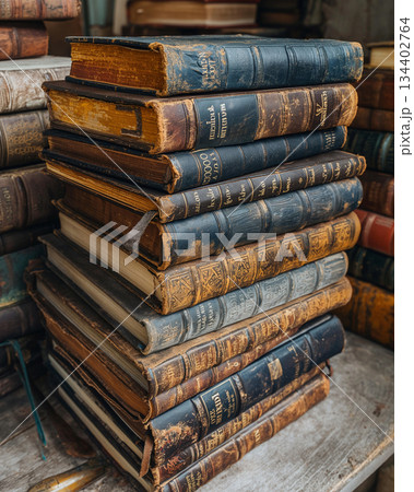 Stacked antique books reveal stories from the past in a cozy library setting. Generative AI 134402764