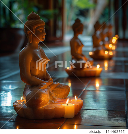 Serene evening meditation with candlelit Buddhas in a tranquil setting. Generative AI 134402765