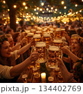 Cheers and laughter fill the air at a vibrant outdoor evening gathering with shimmering lights. Generative AI 134402769