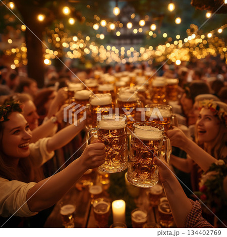 Cheers and laughter fill the air at a vibrant outdoor evening gathering with shimmering lights. Generative AI 134402769
