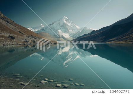 Majestic mountain reflections on a tranquil lake at dawn near snow-capped peaks. Generative AI 134402772