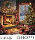 Warm holiday ambiance in a cozy room with a decorated tree and flickering fireplace glow. Generative AI 134402773