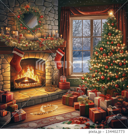 Warm holiday ambiance in a cozy room with a decorated tree and flickering fireplace glow. Generative AI 134402773