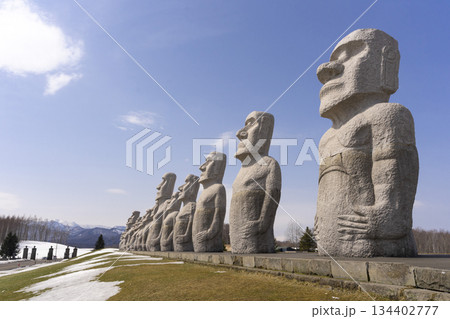 Moai, big stone statue in winter with snow on ground at hill of Buddha in Sapporo, Makomanai takino 134402777