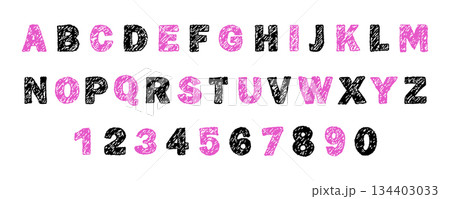 English alphabet crayon. Bold and playful font. Scribble texture for headlines and designs for children, parties or education. Vector illustration English alphabet crayon. Bold and playful font. Scribble texture for headlines and designs for children, parties or education. Vector illustration 134403033