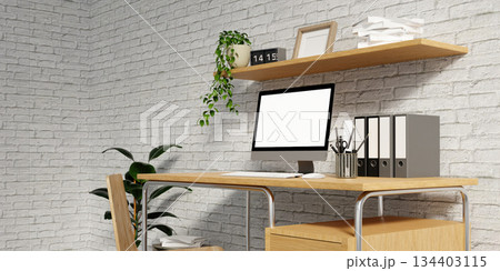 Contemporary office workspace featuring plants and a computer setup. 3D render illustration 134403115