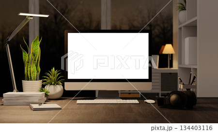 Nighttime office ambiance promoting focus and creativity. 3D render illustration 134403116