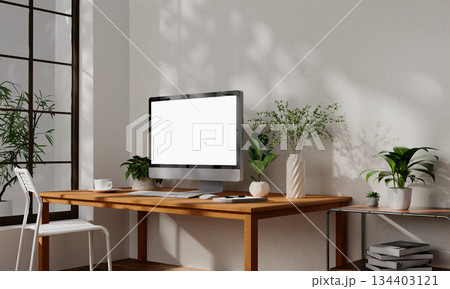 Bright and airy home office featuring modern elements and greenery. 3D render illustration 134403121