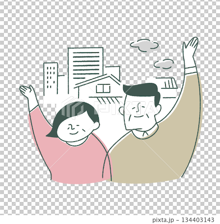 Upper body of elderly men and women waving 134403143