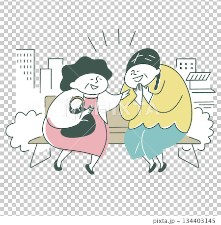 ベンチでおしゃべりをする高齢女性 134403145