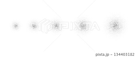 Round grain brush stroke set. Radial stippled noise gradient collection. Dotted splatter overlay spots. Grunge sprinkle dotted spray texture. Dirty dust sand elements. Vector gritty splashed stains 134403182