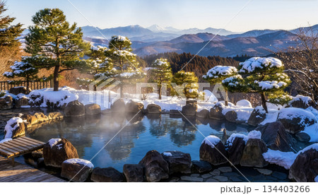 雪の積もった朝の露天風呂 134403266