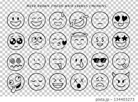 手繪向量素描風格塗鴉表情符號。表達喜悅、悲傷、淚水等情緒。包含漫畫元素。 134403273