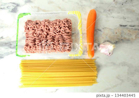 Recipe concept for pasta bolognese spaghetti vegetables meat minced meat top view. Recipe concept for pasta bolognese spaghetti vegetables meat minced meat top view. 134403445