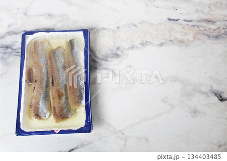 Herring fillet with space for text for salad preparation. 134403485