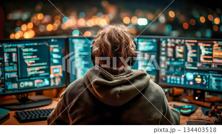 A man in a hoodie and headphones sits in front of several glowing monitors. A programmer at work. City lights in the background 134403518