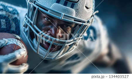 A football player in a white uniform and helmet runs with the ball in his hand during a tense match. Close-up and dynamic 134403527
