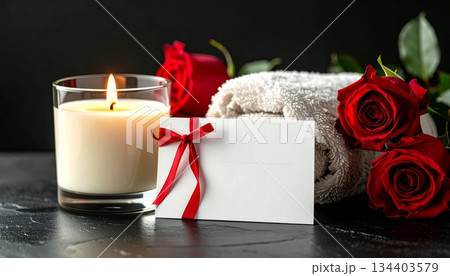 Blank Gift Voucher with Scented Candle, Luxurious Towel, and Roses 134403579