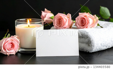 Blank Gift Voucher with Scented Candle, Luxurious Towel, and Roses 134403580