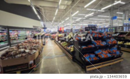 defocused abstract blur background of supermarket, minimarket, major retailer or convenience store in America 134403659