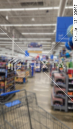 defocused abstract blur background of supermarket, minimarket, major retailer or convenience store in America 134403667