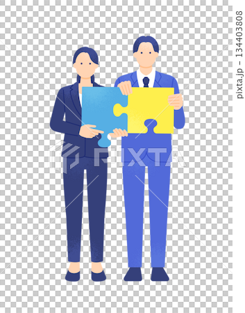 完美契合的拼圖碎片。牢固的夥伴關係。商業插圖展現了男女攜手解決問題並取得成功的場景。 完美契合的拼圖碎片。牢固的夥伴關係。商業插圖展現了男女攜手解決問題並取得成功的場景。 134403808