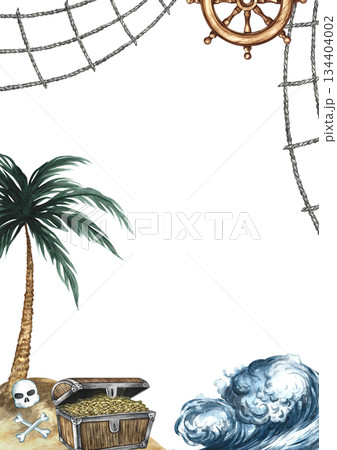 Treasure Island frame. Hand-drawn watercolor illustrations. Colorful image. An old chest with gold coins on an island under a palm tree. For postcards, posters, flyers, and more. 134404002