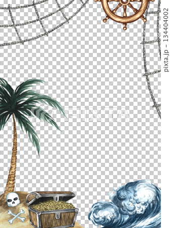 Treasure Island frame. Hand-drawn watercolor illustrations. Colorful image. An old chest with gold coins on an island under a palm tree. For postcards, posters, flyers, and more. 134404002