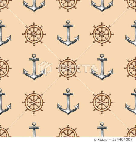Seamless pattern with ship's wheels and anchors. Hand-drawn watercolor illustrations. Colorful image. For textiles, wrapping paper, packaging, backgrounds, and more. 134404007