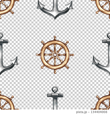 Seamless pattern with ship's wheels and anchors. Hand-drawn watercolor illustrations. Colorful image. For textiles, wrapping paper, packaging, backgrounds, and more. Seamless pattern with ship's wheels and anchors. Hand-drawn watercolor illustrations. Colorful image. For textiles, wrapping paper, packaging, backgrounds, and more. 134404008