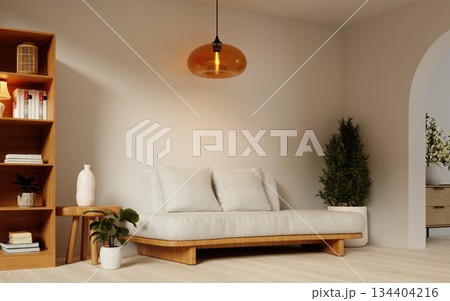 Contemporary living space with natural elements and minimalist decor. 3D render illustration 134404216
