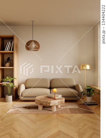 Modern minimalist living room setup with stylish furniture. 3D render illustration 134404222
