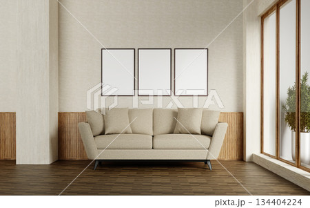 Interior design inspiration for minimalist living rooms with neutral tones. 3D render illustration 134404224