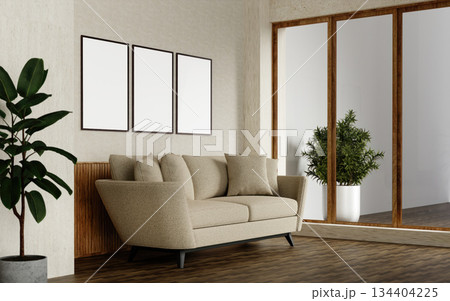 Elegant seating arrangement in a modern, airy design for relaxation. 3D render illustration 134404225