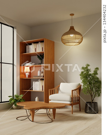 Stylish reading nook in a modern home creating a serene atmosphere. 3D render illustration 134404232