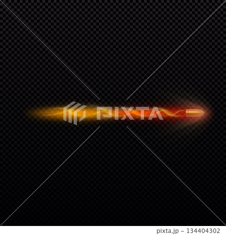 Realistic golden bullet with a fiery, spiraling trail, dust, and a glow effect. 134404302