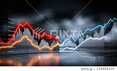 Financial data showing stock market trends and economic growth with rising and falling investment charts illustrating business analysis and global finance concepts 134404359