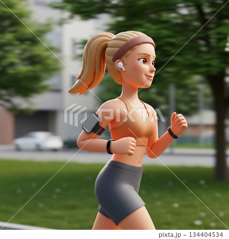 3D Illustration of a Fit Woman Running Outdoors with Earbuds 3D Illustration of a Fit Woman Running Outdoors with Earbuds 134404534