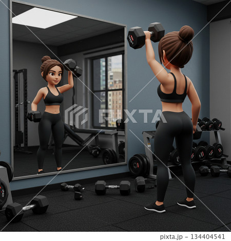 3D Illustration of Woman Strength Training with Dumbbells in Gym Mirror 134404541
